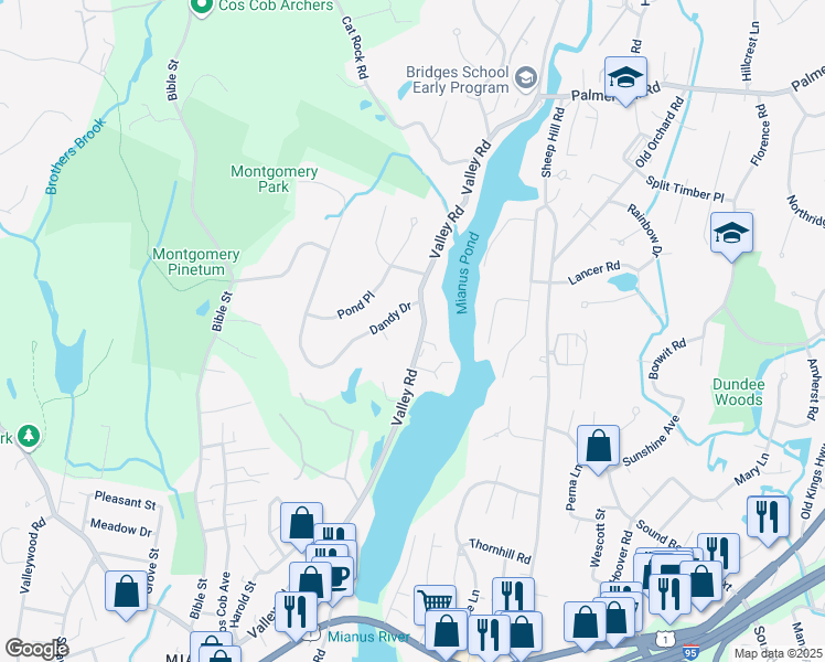 map of restaurants, bars, coffee shops, grocery stores, and more near 179 Valley Road in Greenwich