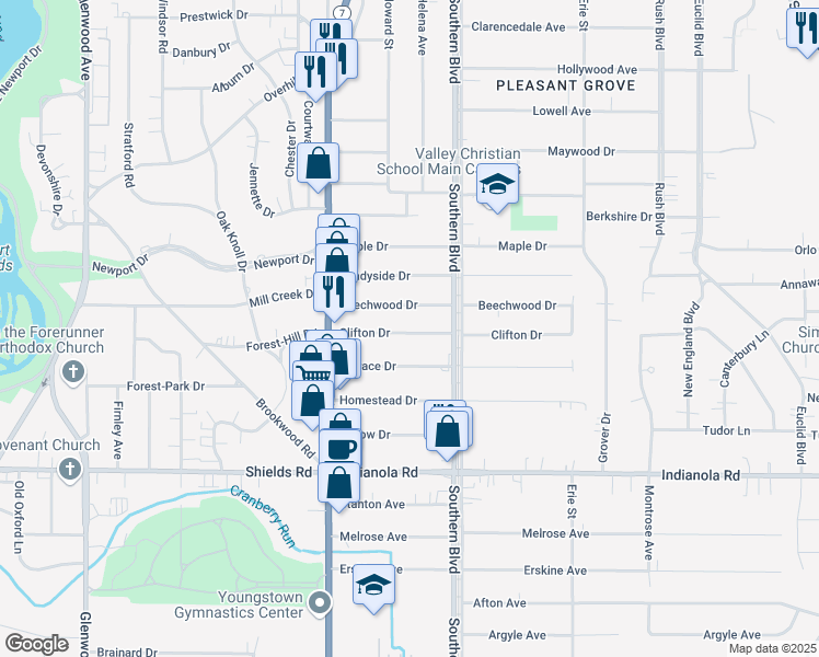map of restaurants, bars, coffee shops, grocery stores, and more near 73 Clifton Drive in Youngstown