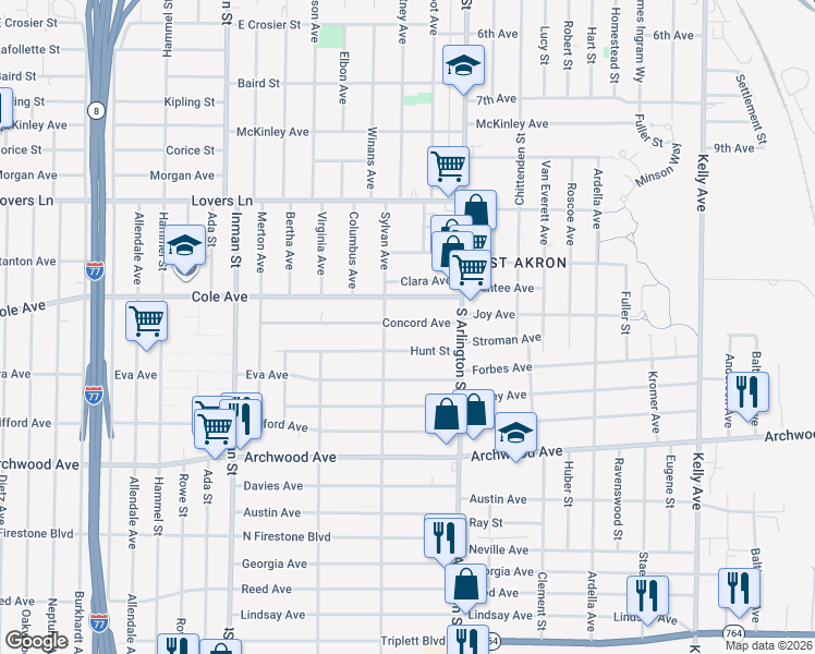 map of restaurants, bars, coffee shops, grocery stores, and more near 962 Concord Avenue in Akron