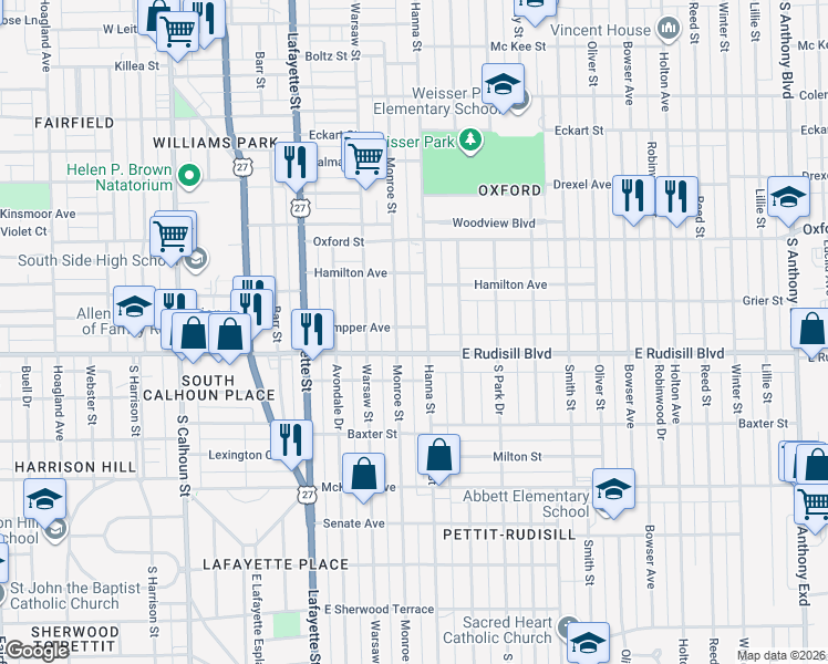 map of restaurants, bars, coffee shops, grocery stores, and more near 3810 South Hanna Street in Fort Wayne