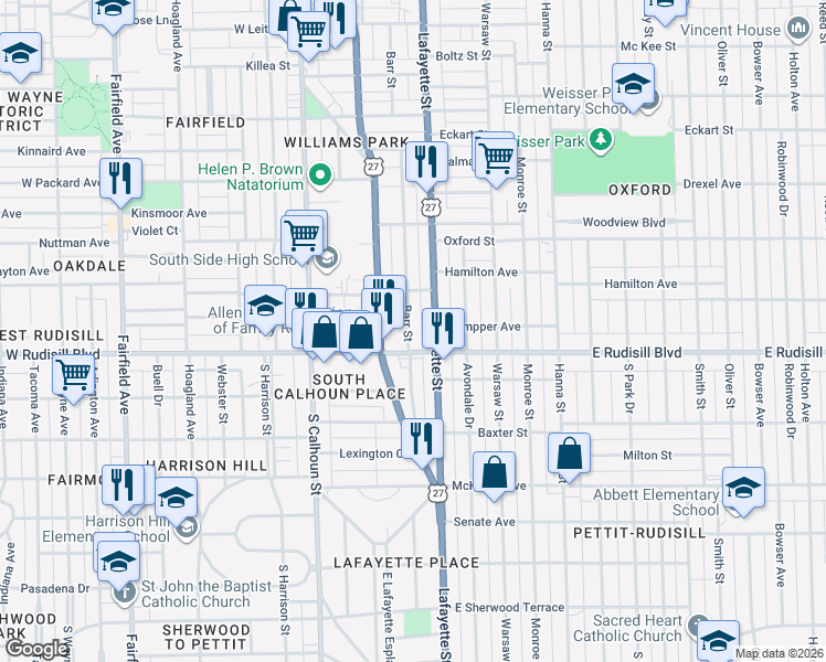 map of restaurants, bars, coffee shops, grocery stores, and more near 249 East Rudisill Boulevard in Fort Wayne