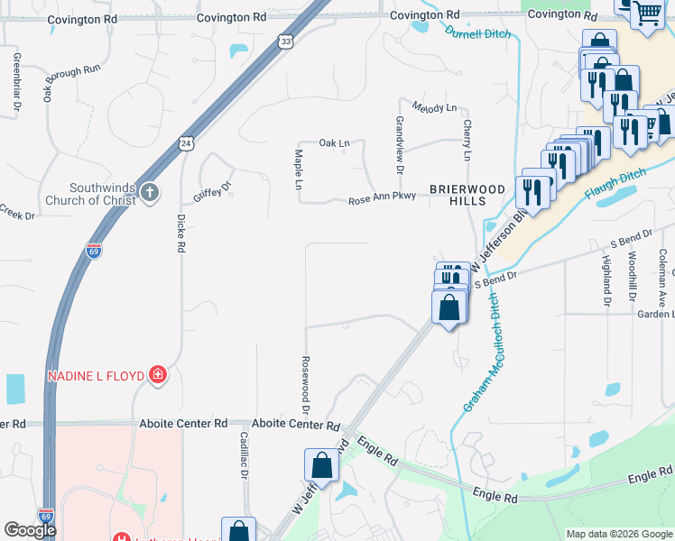 map of restaurants, bars, coffee shops, grocery stores, and more near 3409 Rosewood Drive in Fort Wayne