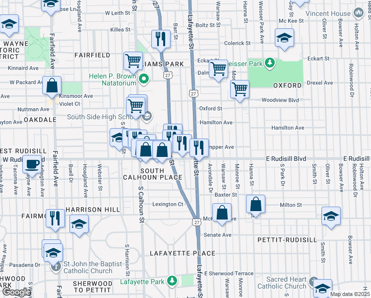 map of restaurants, bars, coffee shops, grocery stores, and more near 249 East Rudisill Boulevard in Fort Wayne