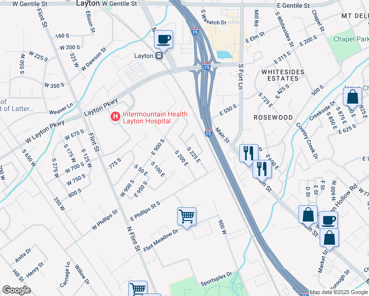 map of restaurants, bars, coffee shops, grocery stores, and more near 946 South 225 East in Layton