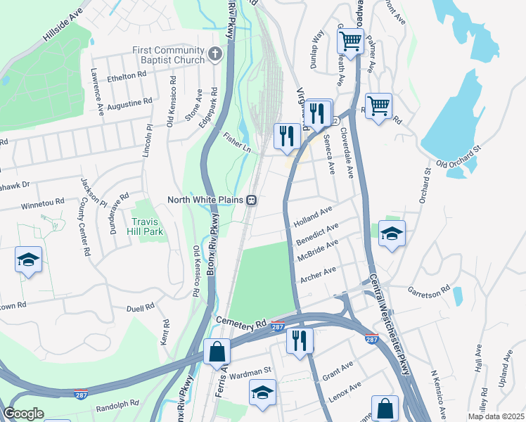 map of restaurants, bars, coffee shops, grocery stores, and more near 30 Glenn Street in White Plains