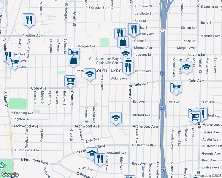 map of restaurants, bars, coffee shops, grocery stores, and more near 1155 Beardsley Street in Akron