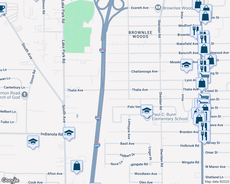 map of restaurants, bars, coffee shops, grocery stores, and more near 1525 Thalia Avenue in Youngstown