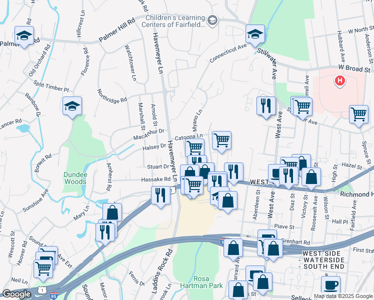 map of restaurants, bars, coffee shops, grocery stores, and more near 62 Whitmore Lane in Stamford