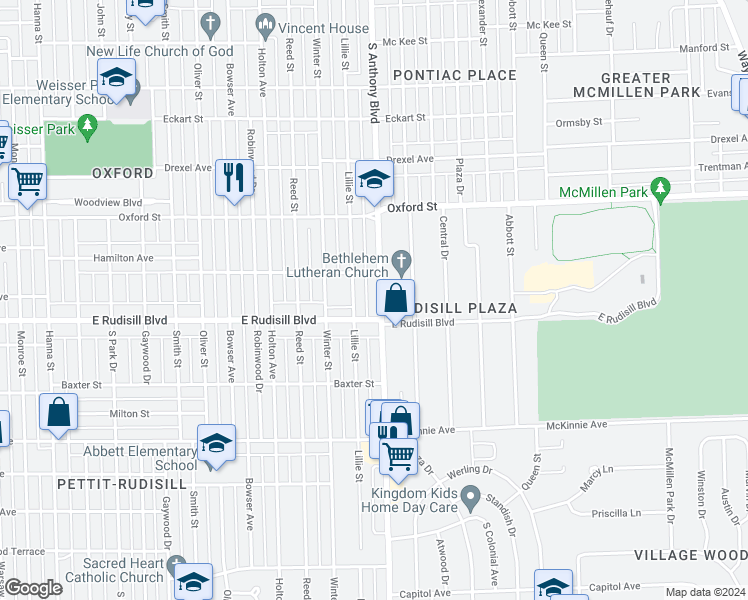 map of restaurants, bars, coffee shops, grocery stores, and more near 3806 South Anthony Boulevard in Fort Wayne