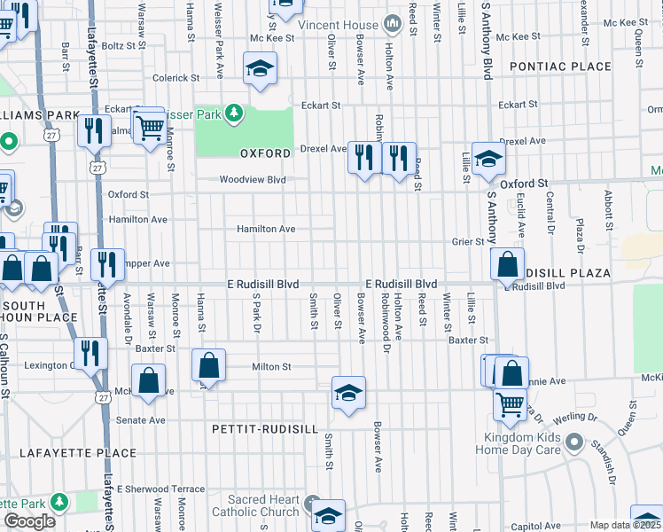 map of restaurants, bars, coffee shops, grocery stores, and more near 3804 Oliver Street in Fort Wayne