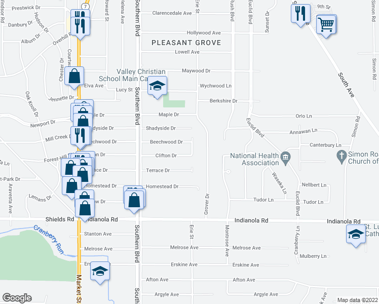 map of restaurants, bars, coffee shops, grocery stores, and more near 196 Clifton Drive in Youngstown