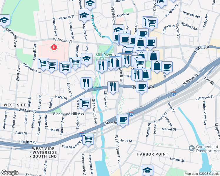 map of restaurants, bars, coffee shops, grocery stores, and more near 101 Tresser Boulevard in Stamford