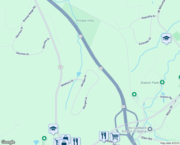 map of restaurants, bars, coffee shops, grocery stores, and more near 59 Morgan Drive in Sparta