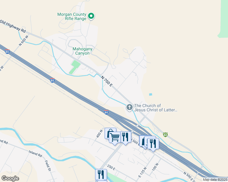map of restaurants, bars, coffee shops, grocery stores, and more near 543 North 700 East in Morgan