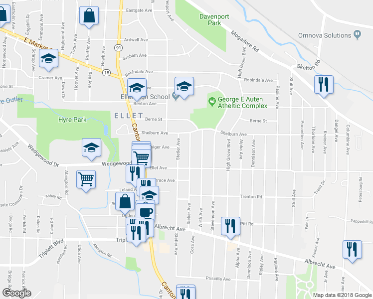 map of restaurants, bars, coffee shops, grocery stores, and more near 356 Sieber Avenue in Akron