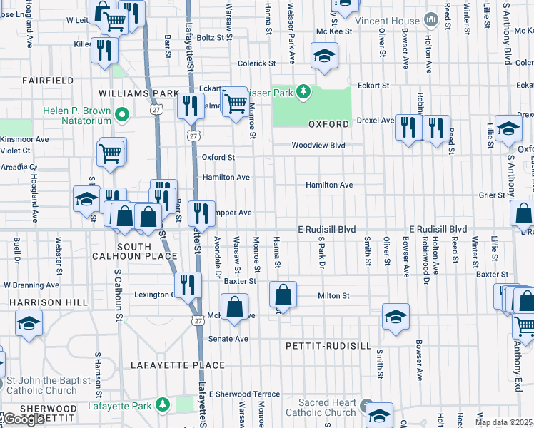 map of restaurants, bars, coffee shops, grocery stores, and more near 616 Gumpper Avenue in Fort Wayne