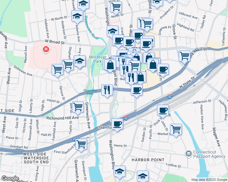 map of restaurants, bars, coffee shops, grocery stores, and more near 100 Tresser Boulevard in Stamford
