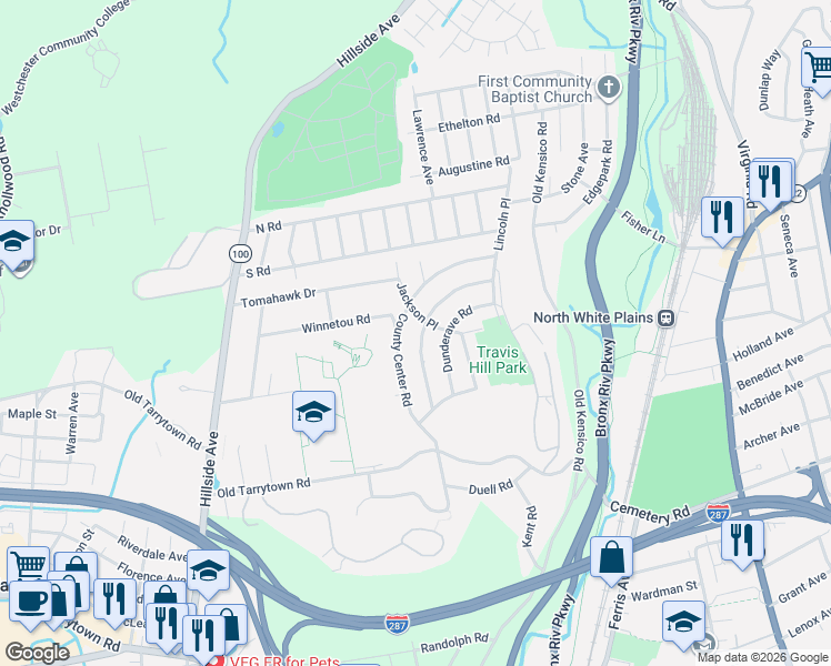 map of restaurants, bars, coffee shops, grocery stores, and more near 27 Manitou Trail in White Plains