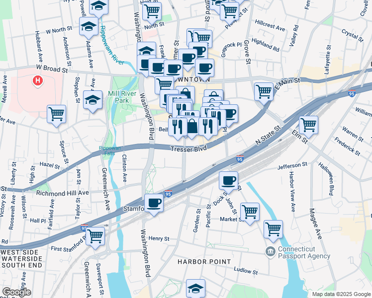 map of restaurants, bars, coffee shops, grocery stores, and more near 281 Tresser Boulevard in Stamford