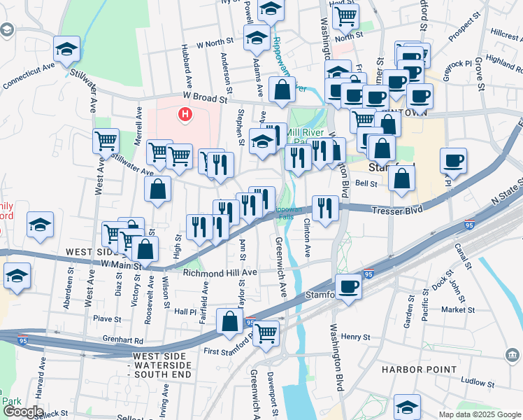 map of restaurants, bars, coffee shops, grocery stores, and more near in Stamford