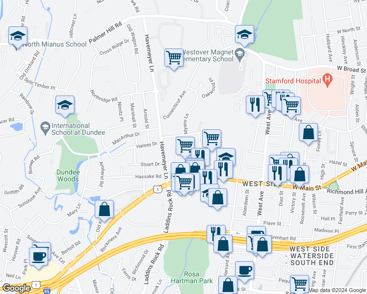 map of restaurants, bars, coffee shops, grocery stores, and more near 50 Myano Lane in Stamford
