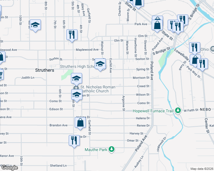 map of restaurants, bars, coffee shops, grocery stores, and more near in Struthers