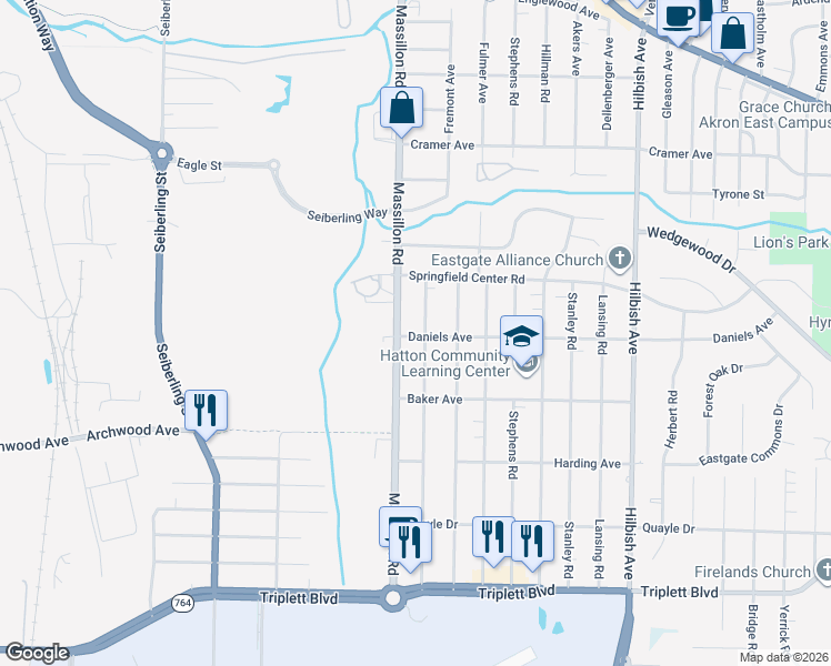 map of restaurants, bars, coffee shops, grocery stores, and more near 386 Baldwin Road in Akron