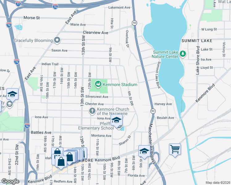 map of restaurants, bars, coffee shops, grocery stores, and more near 747 Silvercrest Avenue in Akron