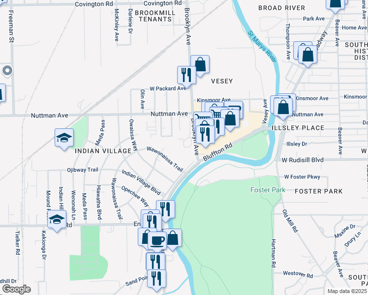 map of restaurants, bars, coffee shops, grocery stores, and more near 3626 Brooklyn Avenue in Fort Wayne