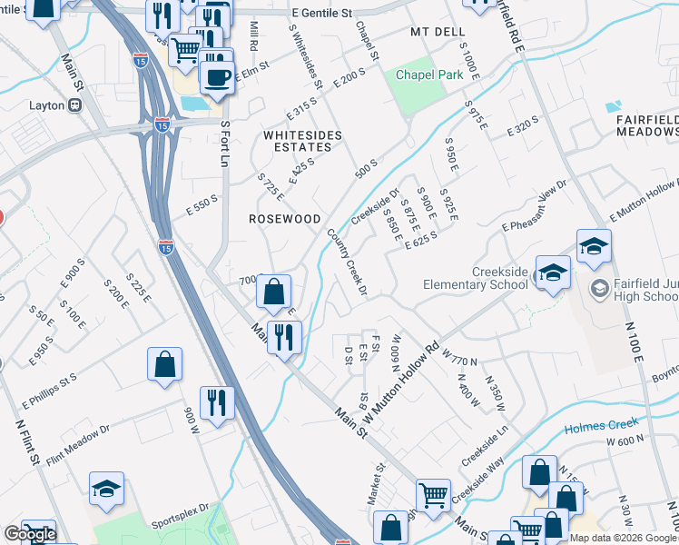 map of restaurants, bars, coffee shops, grocery stores, and more near 649 South Clearwater Falls Drive in Layton