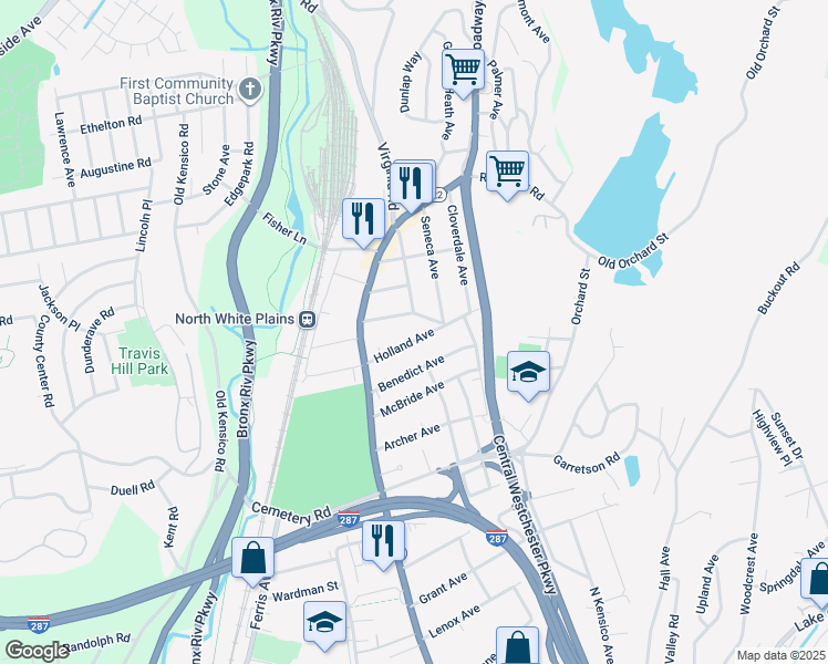 map of restaurants, bars, coffee shops, grocery stores, and more near 103 Holland Avenue in White Plains