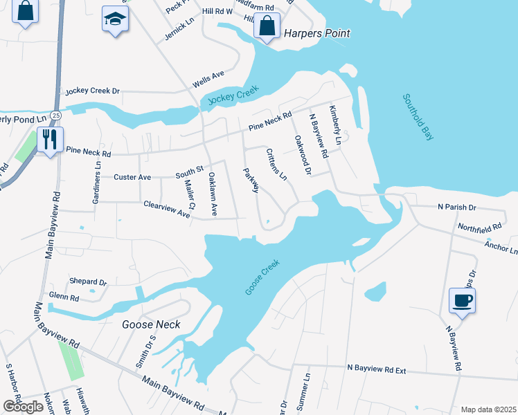 map of restaurants, bars, coffee shops, grocery stores, and more near 1600 Parkway in Southold