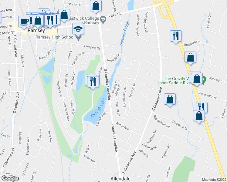 map of restaurants, bars, coffee shops, grocery stores, and more near 26 Ronald Court in Ramsey