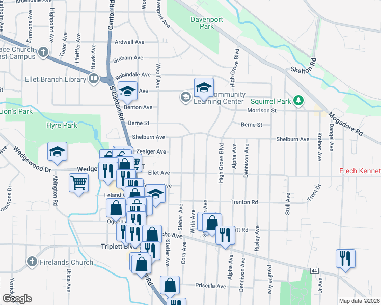 map of restaurants, bars, coffee shops, grocery stores, and more near 367 Sieber Avenue in Akron