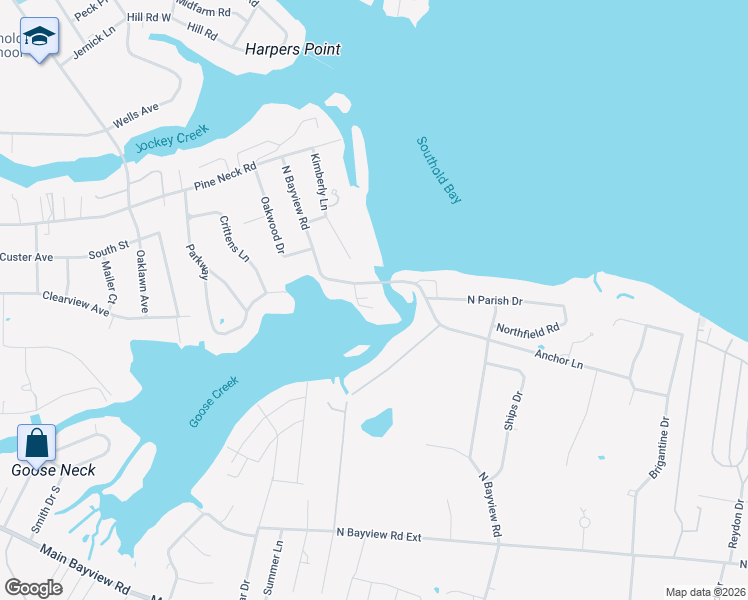 map of restaurants, bars, coffee shops, grocery stores, and more near 1852 North Bayview Road in Southold