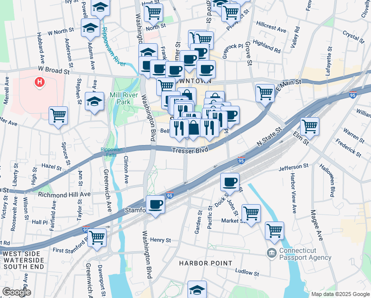 map of restaurants, bars, coffee shops, grocery stores, and more near Tresser Boulevard in Stamford