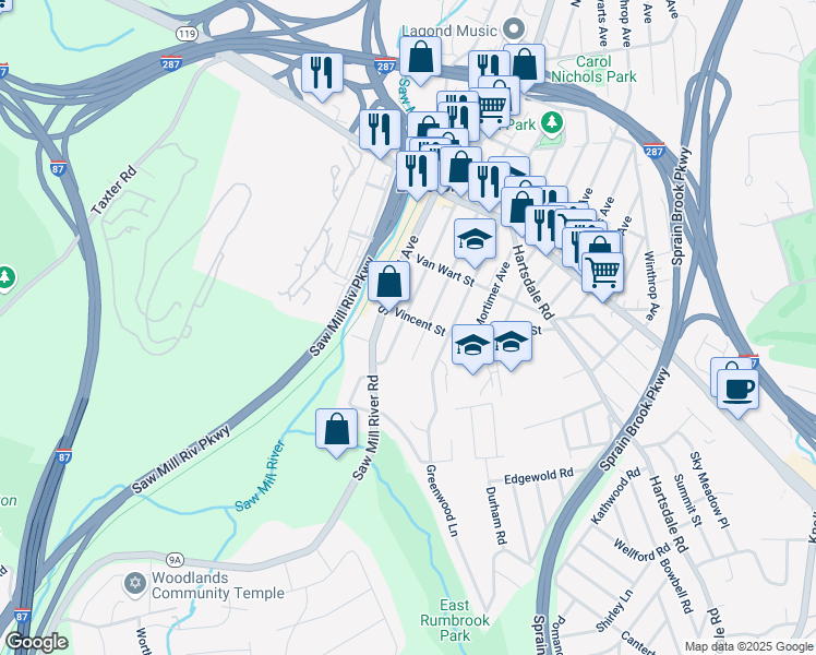 map of restaurants, bars, coffee shops, grocery stores, and more near 59 South Lawn Avenue in Elmsford