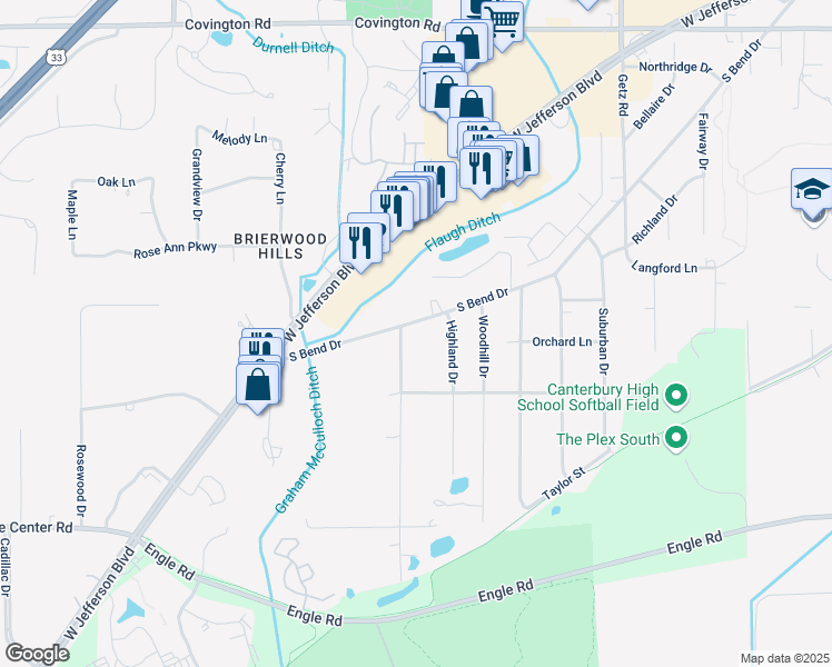 map of restaurants, bars, coffee shops, grocery stores, and more near 3703 Hazelhurst Drive in Fort Wayne