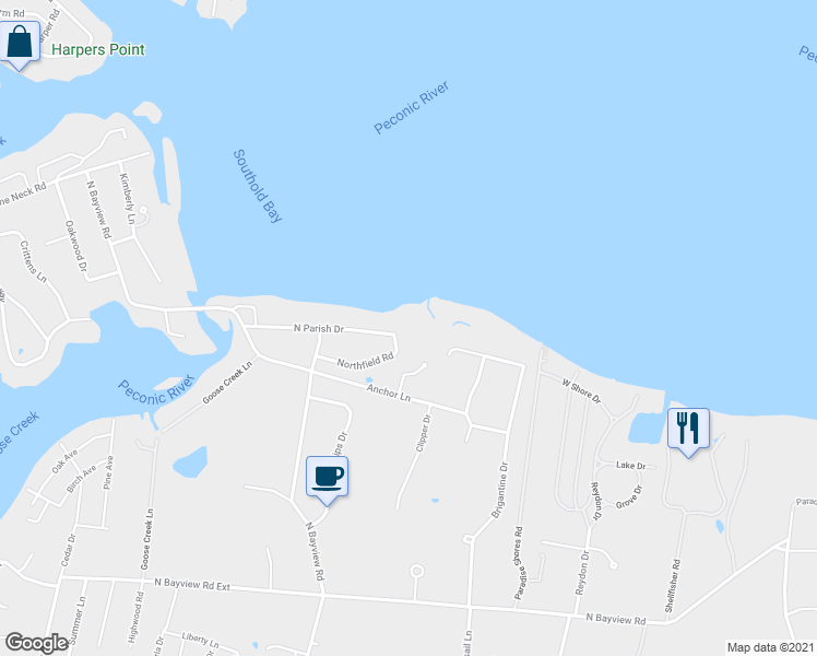 map of restaurants, bars, coffee shops, grocery stores, and more near 1795 North Parish Drive in Southold