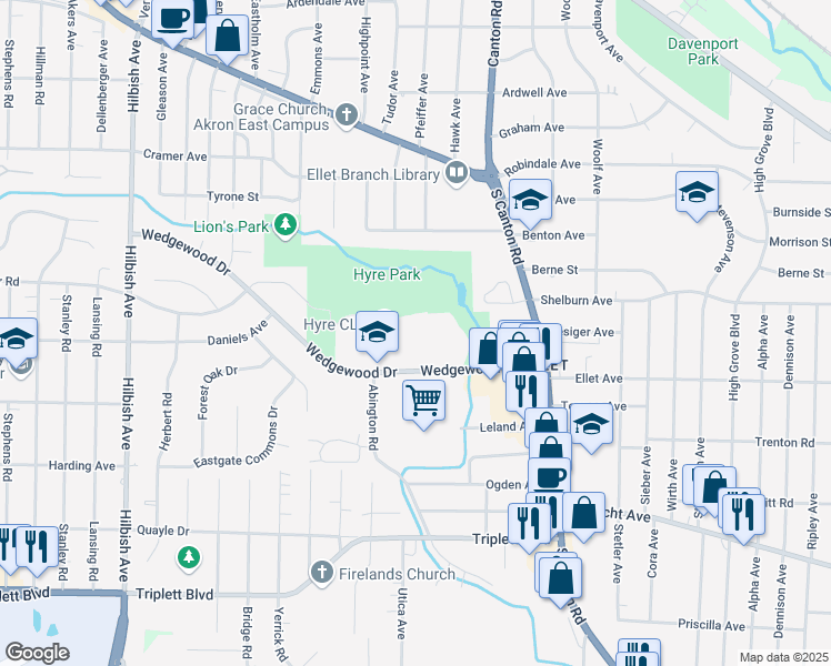 map of restaurants, bars, coffee shops, grocery stores, and more near 2443 Wedgewood Drive in Akron