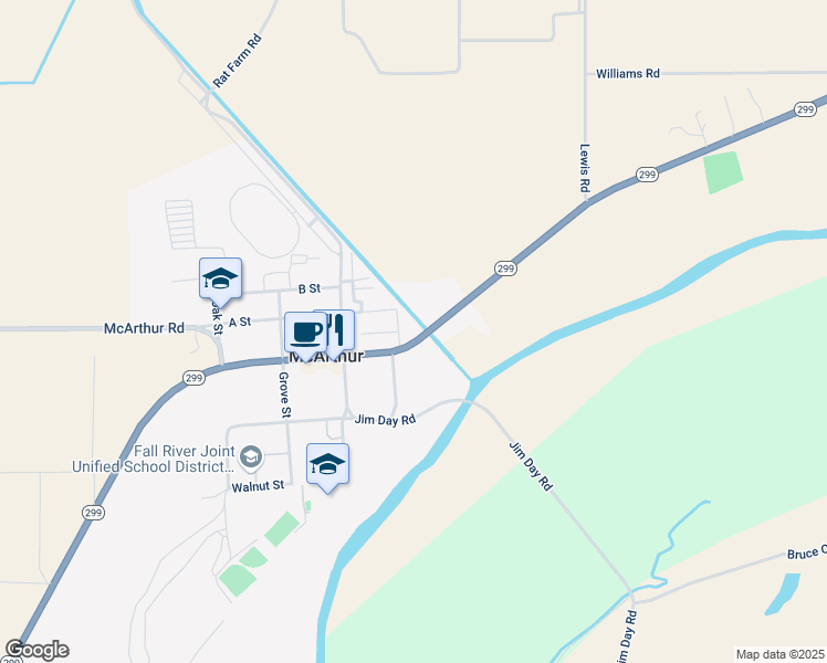 map of restaurants, bars, coffee shops, grocery stores, and more near 44327 Highway 299 in McArthur
