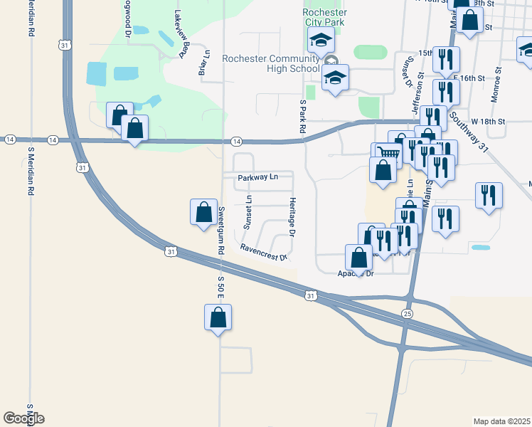 map of restaurants, bars, coffee shops, grocery stores, and more near 709 Monarch Lane in Rochester