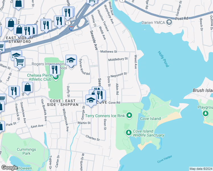 map of restaurants, bars, coffee shops, grocery stores, and more near 246 Seaside Avenue in Stamford