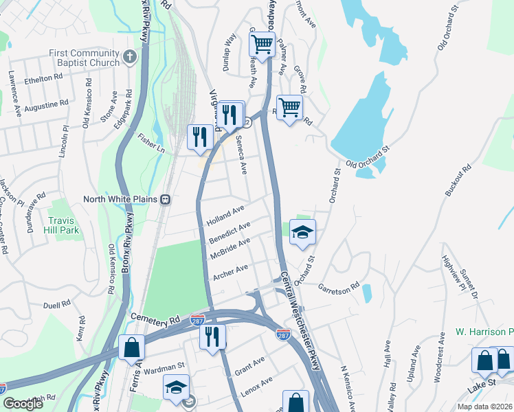 map of restaurants, bars, coffee shops, grocery stores, and more near 38 Benedict Avenue in White Plains