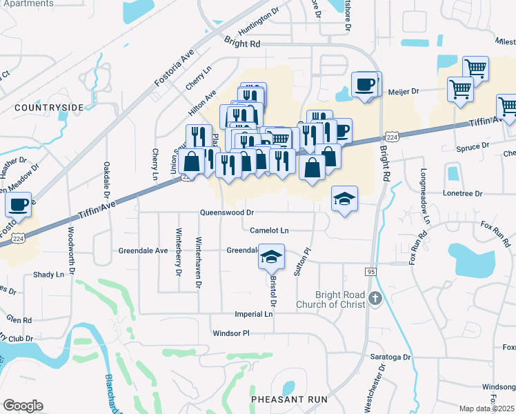 map of restaurants, bars, coffee shops, grocery stores, and more near 1825 Queenswood Drive in Findlay