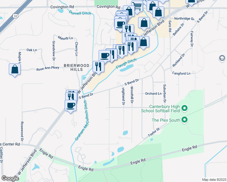 map of restaurants, bars, coffee shops, grocery stores, and more near 3703 Hazelhurst Drive in Fort Wayne