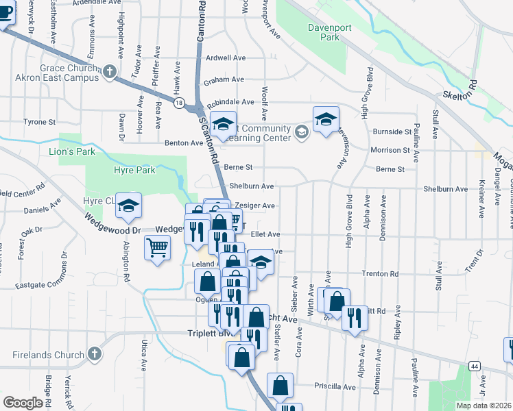 map of restaurants, bars, coffee shops, grocery stores, and more near 2601 Zesiger Avenue in Akron