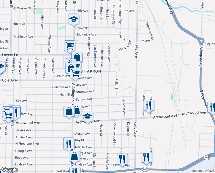 map of restaurants, bars, coffee shops, grocery stores, and more near 640 Ardella Avenue in Akron