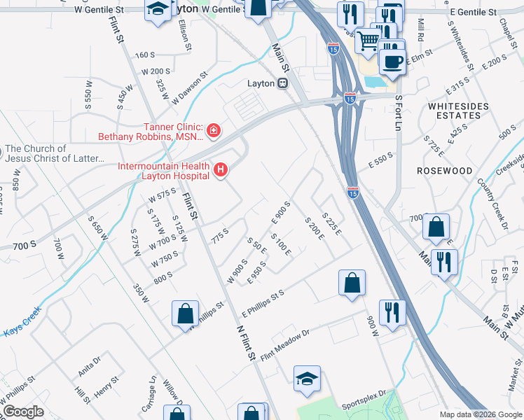 map of restaurants, bars, coffee shops, grocery stores, and more near 799 South 125 East in Layton