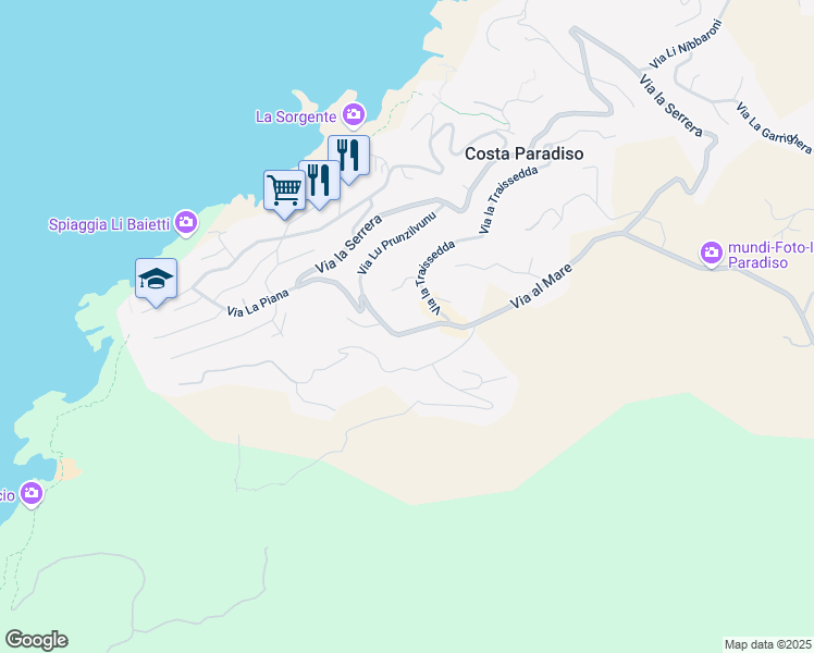map of restaurants, bars, coffee shops, grocery stores, and more near 19 Via al Mare in Costa Paradiso
